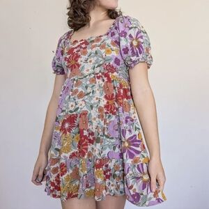 Boutique Colorful Floral Puff Sleeve Dress